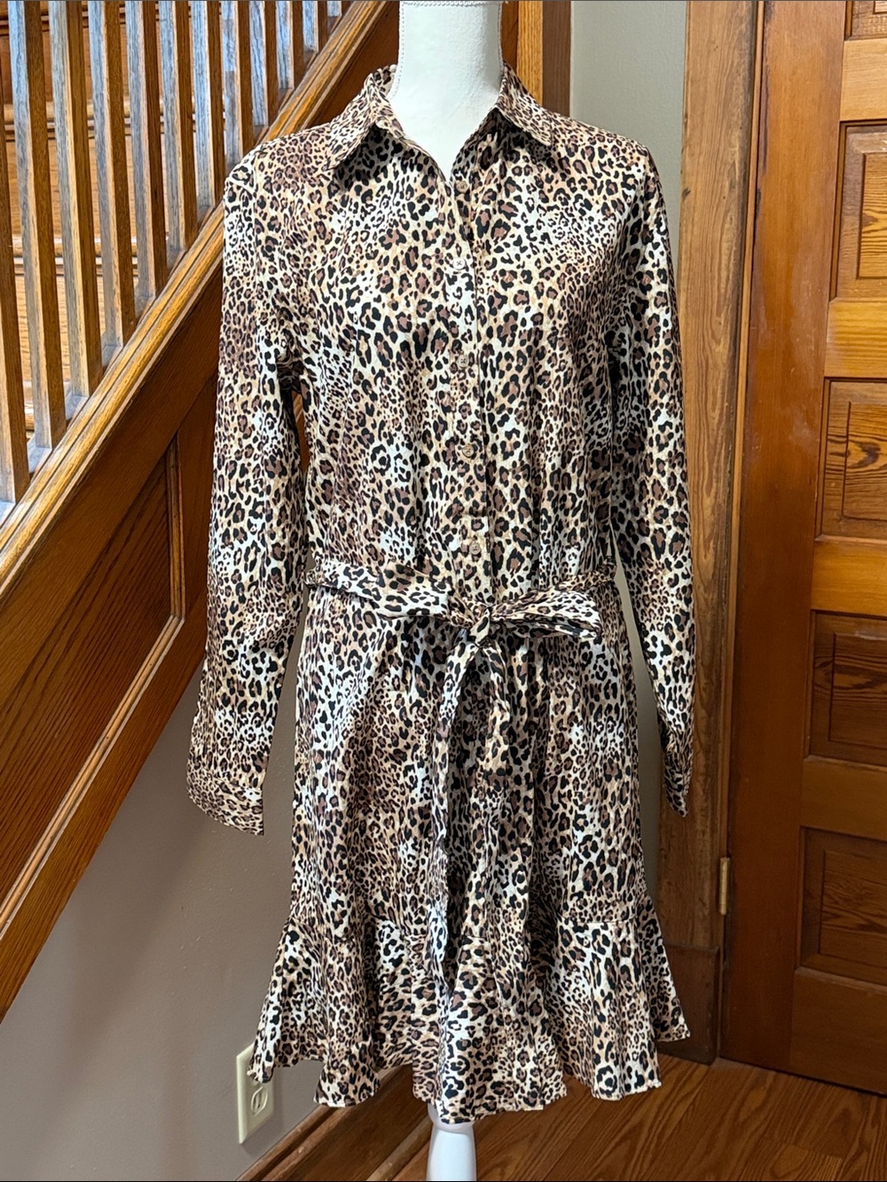 NWT Chaps Dress Size Large Animal Print Full Button Belted 100% Cotton